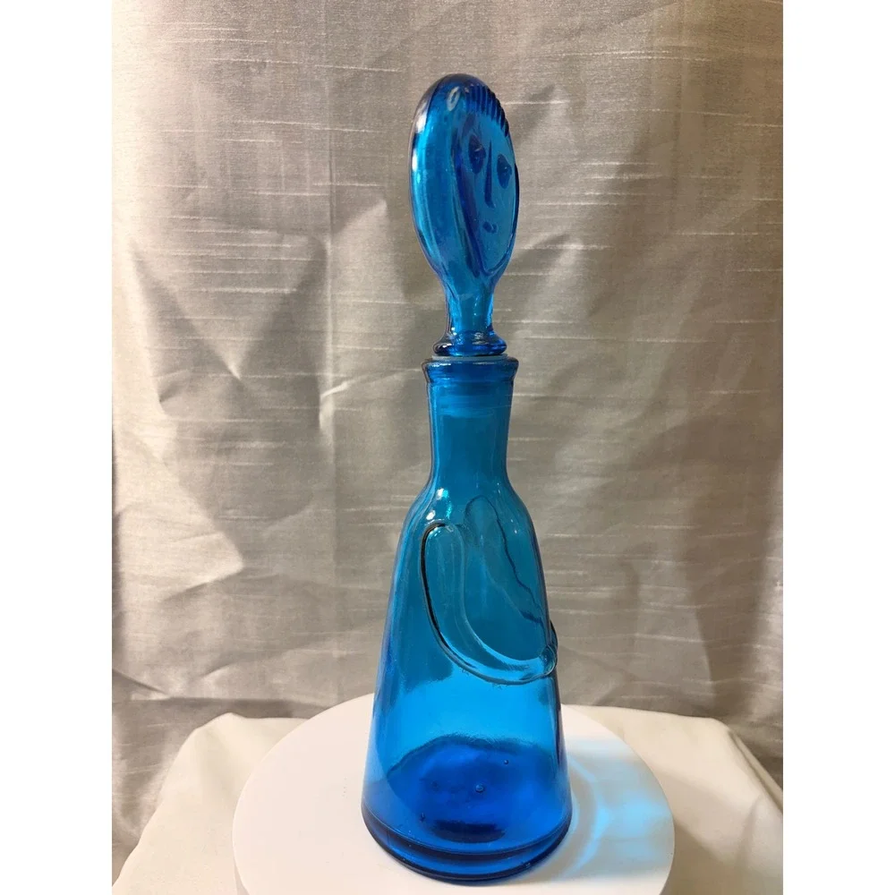 Vintage Erik Höglund Boda Blue Glass People Decanters Face Stoppers Pair MCM